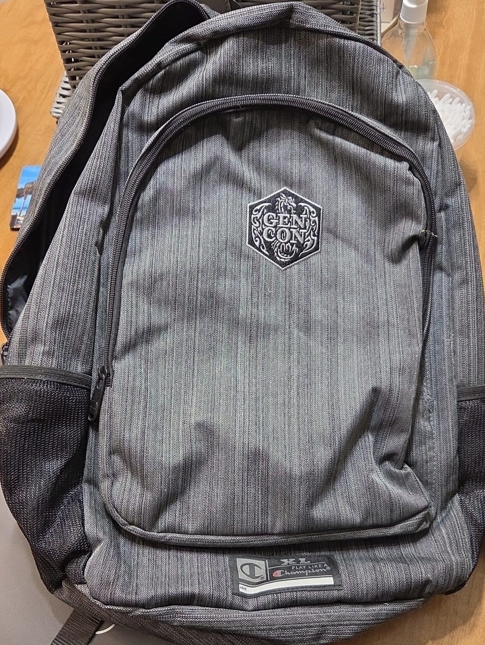 Champion Men’s Gray Striped Backpack with Gen Con Patch NWOT